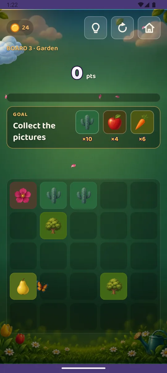 A board where the goal is to collect cactus, apple and carrot pictures