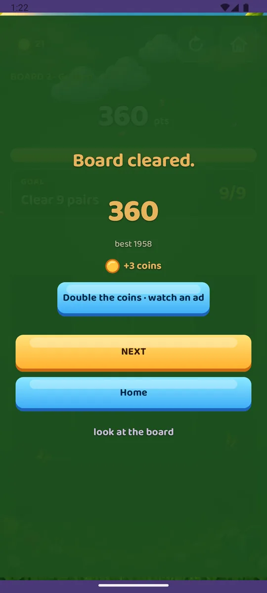 A cleared board with the score and the coins it paid